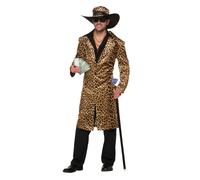 Mens Funky Leopard Pimp Costume Long Jacket Animal Print Boss Adult Fancy Dress