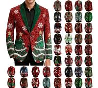 Men's Funny Christmas Blazer Corduroy Suit Jackets Xmas Tree Santa Claus Printed Jacket Novelty Ugly Christmas Coat Lapel Blazer Jacket Slim Fit Button Coats Festive Holiday Costume