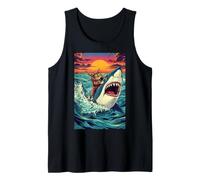 Mens Funny Ginger Cat Hunting Shark Ocean Art Sunset Graphic Tank Top