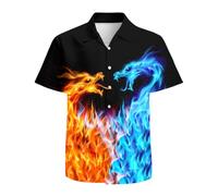 Mens Funny Hawaiian Shirts 3D Graphic Button Down Short Sleeve Tropical Holiday Beach Aloha Shirt, Blue Orange Dragon, XXL