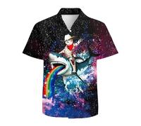 Mens Funny Hawaiian Shirts 3D Graphic Button Down Short Sleeve Tropical Holiday Beach Aloha Shirt, Cat Riding Shark, Medium