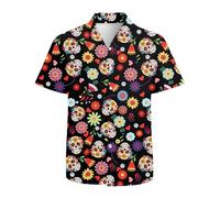 Mens Funny Hawaiian Shirts 3D Graphic Button Down Short Sleeve Tropical Holiday Beach Aloha Shirt, Floral Skull, Large