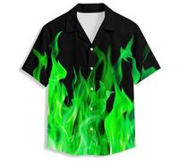 Mens Funny Hawaiian Shirts 3D Graphic Button Down Short Sleeve Tropical Holiday Beach Aloha Shirt, Green Flame, XXL