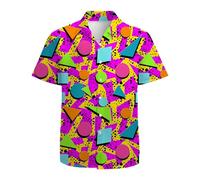 Mens Funny Hawaiian Shirts 3D Graphic Button Down Short Sleeve Tropical Holiday Beach Aloha Shirt, Pink 80s 90s, XL
