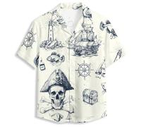 Mens Funny Hawaiian Shirts 3D Graphic Button Down Short Sleeve Tropical Holiday Beach Aloha Shirt, Pirate Nautical Print, XL