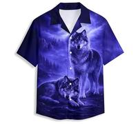 Mens Funny Hawaiian Shirts 3D Graphic Button Down Short Sleeve Tropical Holiday Beach Aloha Shirt, Purple Moon Wolf, Large
