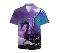 Mens Funny Hawaiian Shirts 3D Graphic Button Down Short Sleeve Tropical Holiday Beach Aloha Shirt, Purple Dragon, Medium