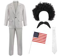 Mens Funny Journalist Costume - Grey Suit + White Tie + Curly Black Wig + + American Hand-waving Flag - Adults Tv Movie Fancy Dress Costume (X-large)