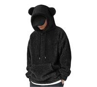 Mens Fuzzy Fluffy Hoodies Teddy Borg Hoodie Casual Stylish Plush Thermal Pullover Jacket Coat Cute Bear Ear Hooded Sweatshirt with Kangaroos Pockets Black