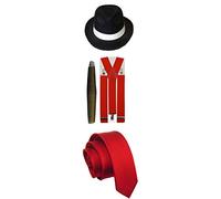 MENS GANGSTER PIMP THEME WHITE BLACK HAT BRACES TIE CIGAR 1920'S PARTY OUTFIT (Red Full Costume)