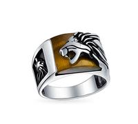 Men's Gemstone Large Roaring Brown Tiger Eye Lion Head Ring For Men Solid Oxidized .925 Sterling Silver Handmade In Turkey