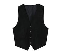 Mens Gentlemens Plays Suede Retro V Neck Solid Color Pocket Button Leather Vest Vest Chef Coat Men Short Sleeve (Black, XXL)