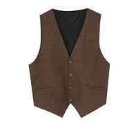 Mens Gentlemens Plays Suede Retro V Neck Solid Color Pocket Button Leather Vest Vest Chef Coat Men Short Sleeve (Brown, XXL)