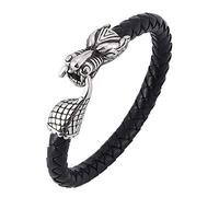 Mens Genuine Leather Bracelet With Hook Clasp Black Handmade Cuff Wristband Dragon Head Mens Jewellery With Pouch Teen Boy Gifts For Graduation Birthday Son