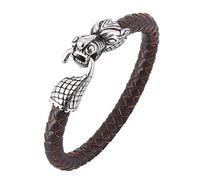 Mens Genuine Leather Bracelet With Hook Clasp Brown Handmade Cuff Wristband Dragon Head Mens Jewellery With Pouch Teen Boy Gifts For Graduation Birthday Son