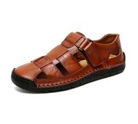 Men's Genuine Leather Handmade Hook Loop Fisherman Sandals Comfortable Hollow Non-Slip Walking Flats Slip On Closed Toe Soft Sole Breathable Summer Loafer Sandals, Reddish Brown, 7 UK
