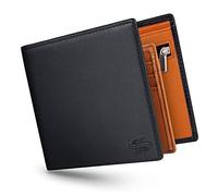 Mens Genuine Leather Wallet, Slim Bifold RFID Blocking Wallet, Soft and Durable with Zipper Coin Pocket, 2 Banknote Compartments, 10 Card Holders, 1 ID Window, with Gift Box, (Black/Orange Inner)