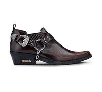 Mens Genuine Leather Western Shoes US Eagle Patent Shiny Wincklepickers Metal Chain Belt Cuban Heel Dancing Cowboy - Brown 9