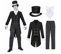 Mens Ghost Groom Halloween Costume Corpse Groom Fancy Dress Tailcoat Outfit | double-breasted tailcoat jacket, pinstripe trousers, lace tie, top hat, Halloween fancy dress, adult mens costume