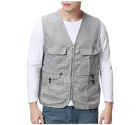 Mens Gilets Casual V Neck Summer Body Warmers Cargo Sleeveless Vest Zip Up Holiday Jacket Outdoor Fishing Work Comfy Waistcoat Multiple Pockets Gray