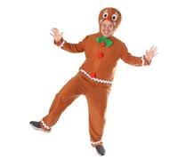 Mens Gingerbread Man Christmas Costume - Medium/Large - Brown Top with Green Bowtie & Gingerbread Man Hood, Brown Trousers - Adults Festive Party Xmas Fancy Dress Costume