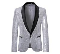 Men's Glitter Jacket Golden Wedding Party Sequin Blazer Slim Fit Men's Suit One Button Tuxedo Jacket Christmas New Year's Eve Fashion Outfit Shiny Suit Jacket, O silver., XXL