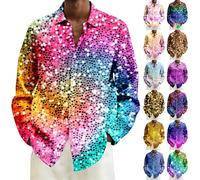 Men's Glitter Shirt: Colourful Gradient Sequin Shirt Long Sleeve - 70s 80s Retro Disco Outfit Carnival New Year's Eve Party Rave Festive Costume Funny Blouse with Button Down Men Slim Fit Glitter