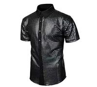 Men's Glitter Shirt Short Sleeve Sequins Shirts Rvers Shiny Shirt Slim Fit Casual Plaid Shirts Carnival Party Shirt 70s Disco Party Costume Glitter Shirt for Fancy Dress Party Cosplay, black, M