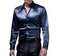 Men's Glossy Long Sleeve Shirt, Shiny Satin Silk Like Button Down Dress Shirts, Solid Lapel Collar Slim Fit Disco Dance Top, Chemise Smooth Wrinkle Free Tuxedo T-Shirt Casual Blouses for Wedding Party