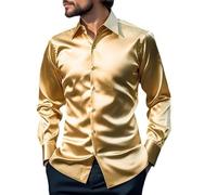 Men's Glossy Long Sleeve Shirt, Shiny Satin Silk Like Button Down Dress Shirts, Solid Lapel Collar Slim Fit Disco Dance Top, Chemise Smooth Wrinkle Free Tuxedo T-Shirt Casual Blouses for Wedding Party