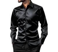 Men's Glossy Long Sleeve Shirt, Shiny Satin Silk Like Button Down Dress Shirts, Solid Lapel Collar Slim Fit Disco Dance Top, Chemise Smooth Wrinkle Free Tuxedo T-Shirt Casual Blouses for Wedding Party