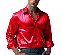 Mens Glossy Shirts, Shiny Satin Long Sleeve Shirt, Wrinkle Free Glossy Button Down Shirts with Lapel Collar, Slim Fit Dress Shirt for Disco Party, Fashion Satin Dance Party Tuxedo Shirts Red