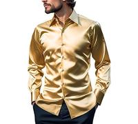 Mens Glossy Shirts, Shiny Satin Long Sleeve Shirt, Wrinkle Free Glossy Button Down Shirts with Lapel Collar, Slim Fit Dress Shirt for Disco Party, Fashion Satin Dance Party Tuxedo Shirts Yellow