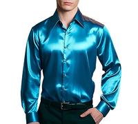 Mens Glossy Shirts, Shiny Satin Long Sleeve Shirt, Wrinkle Free Glossy Button Down Shirts with Lapel Collar, Slim Fit Dress Shirt for Disco Party, Fashion Satin Dance Party Tuxedo Shirts Blue