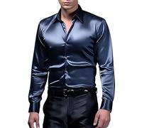Mens Glossy Shirts, Shiny Satin Long Sleeve Shirt, Wrinkle Free Glossy Button Down Shirts with Lapel Collar, Slim Fit Dress Shirt for Disco Party, Fashion Satin Dance Party Tuxedo Shirts Navy