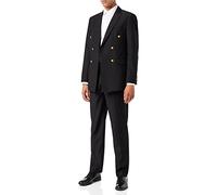 Mens Gold Button Peak Lapel 2 Piece Suit in Navy Blue, Black Double Breasted Tailored Fit Jacket [SUIT-PJ482494-BLACK-42]