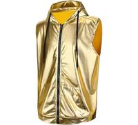 Men's Gold Metallic Sleeveless Hoodie Vest, Eye-Catching Shiny Reflective Design, Zipper Closure Lightweight Vest with Drawstring Hood, Trendy Dancewear or Stage Performance Vest