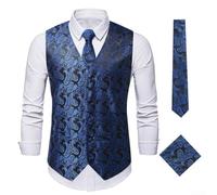 Men's Gold Paisley Waistcoat Vest 3Pcs Set(Blue M)