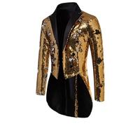 Men's Gold Sequin Tailcoat Jacket - Shiny Long Tuxedo Blazer - Formal Party Wear Coat - Slim Fit Glitter Design - Single Breasted Lightweight Fashion - Unique Statement Piece