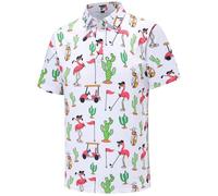 Men's Golf Apparel Polo Shirts Short Sleeve Performance Moisture Wicking Dry Fit Funny Golf Polo Shirts for Men, Cactus Flamingos, Large