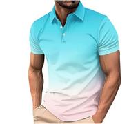 Mens Golf Polos Shirts Clearance,Men Gradient Color Short Sleeve Lapel Button Henley Shirt Office Casual Business Polos Tennis Sport Blouses Spring Summer Outdoor Fashion Breathable Tops UK Size S-4XL