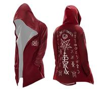 Men's Gothic Cardigan with Occult Symbols and Hood - Asymmetrical Coat in Alchemy Style with Back Print | Dark Hooded Coat for LARP and Festivals, style_a01 red, L
