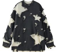 Men's Gothic Punk Star Pattern Raw Edge Oversized Sweater Y2K Loose Fashion Casual Trendy Long Sleeve Round Neck Knitted Sweater (Grey,M)