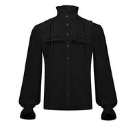 Men's Gothic Ruffle Collar Shirt - Halloween Costume for Men Puff Sleeves, Steampunk Top, Solid Colour, Top Vintage Buttons Shirt for Renaissance, Medieval Cosplay, Victorian Court Blouse, Black, S