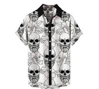 Mens Gothic Skull Shirt Short Sleeve Skeleton Print Button Down Hawaiian Summer Shirt Fashion Vintage Graphic Beach Blouse for Teenagers
