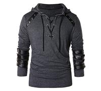Men's Gothic Steampunk Shirts Hooded Sweatshirt Lace Up Long Sleeve Pullover Hooded Tee Tops(Dark Gray,Medium)