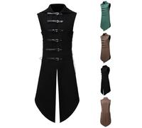 Mens Gothic Steampunk Tailcoat Waistcoat UK Sale Clearance, Man Retro Faux Suede Suit Vest Medieval Buckle Belt Long Jacket Victorian Renaissance Coat Vintage Pirate Tops Halloween Cosplay Costume