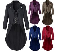 Mens Gothic Tailcoat Steampunk Tuxedo Jacket Men's Vintage Swallowtail Coat Medieval Single Breasted Overcoat Gentleman Lapel Tail Coat Victorian Frock Uniform Halloween Cosplay Costume