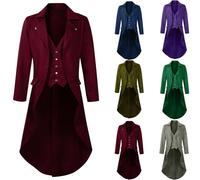 Mens Gothic Tailcoat Steampunk Tuxedo Jacket Men's Vintage Swallowtail Coat Medieval Single Breasted Overcoat Gentleman Lapel Tail Coat Victorian Frock Uniform Halloween Cosplay Costume