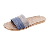 Mens Gradient Stripe Linen Open Toe Slides Breathable Lightweight Flat Casual Slippers Men Indoor House Home Walking Comfortable Shoes Wide Fit Summer Casual Home Sandals(Blue, 10)